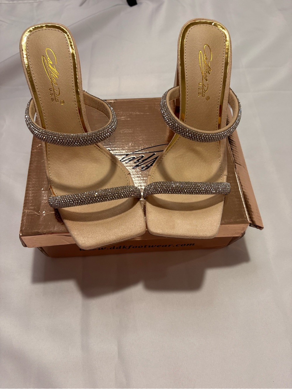 Beige Rhinestone Strap Heeled Mules